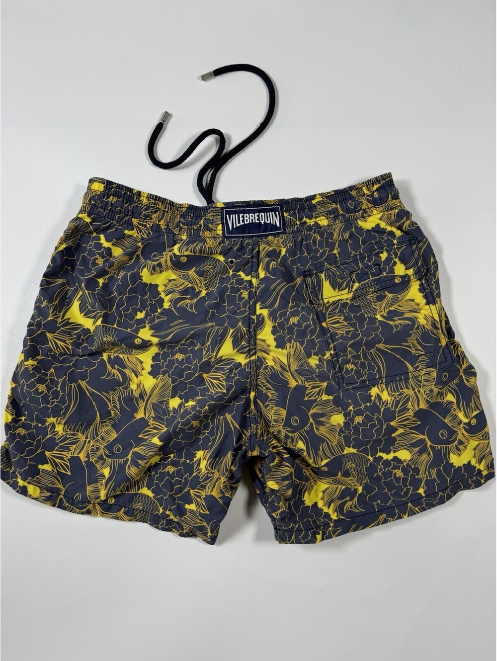 Vilebrequin Men’s M Swim Trunks Koi Fish Floral Navy Yellow St Tropez Lined